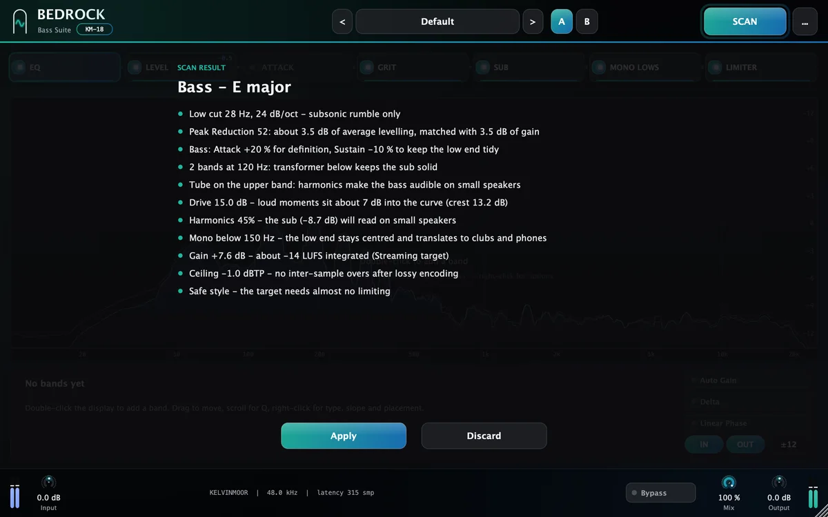 BEDROCK after SCAN: the result line and the settings it proposes, ready to apply.