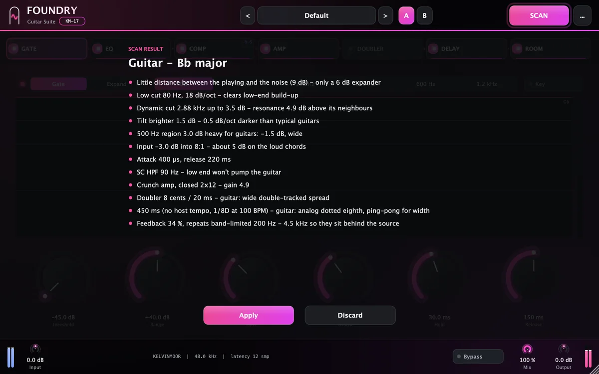 FOUNDRY after SCAN: the result line and the settings it proposes, ready to apply.
