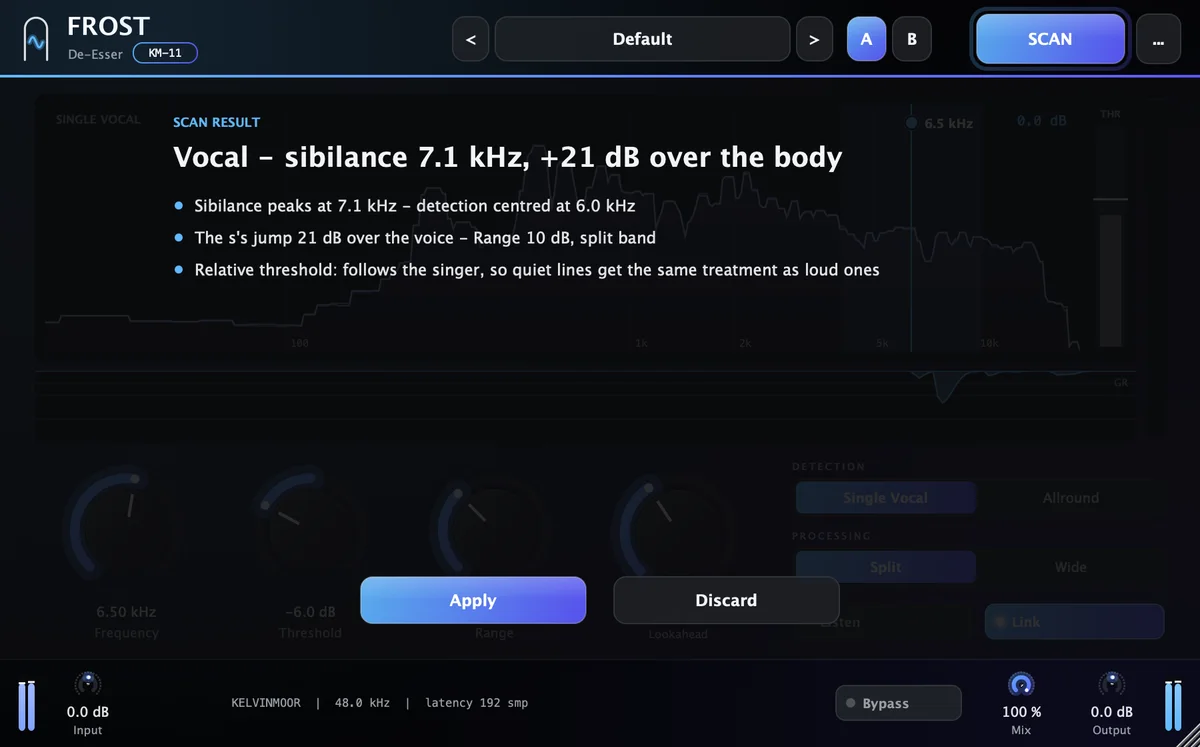 FROST after SCAN: the result line and the settings it proposes, ready to apply.