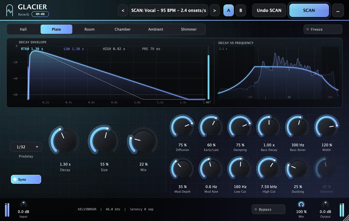 The GLACIER Reverb plugin interface.