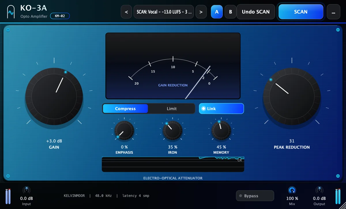 The KO-3A Opto Comp plugin interface.