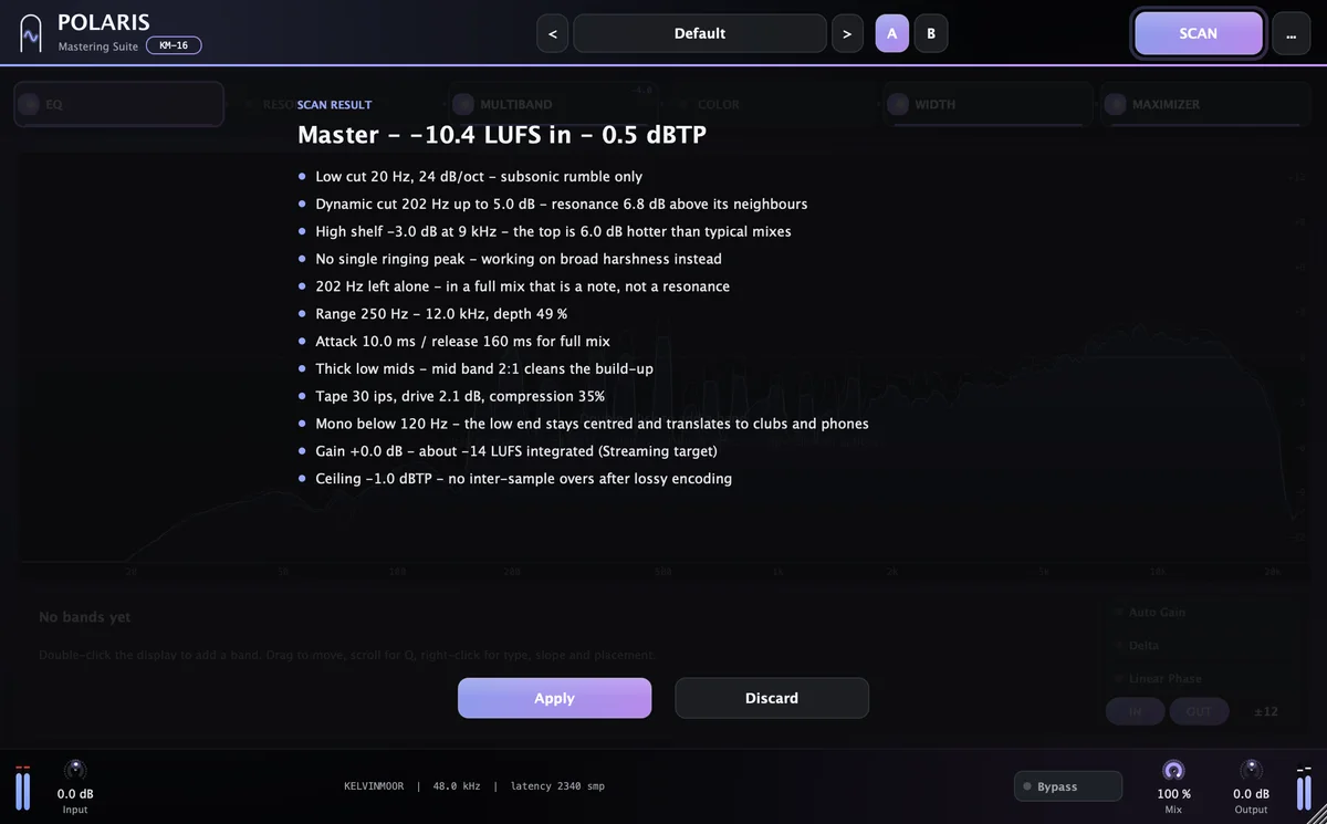 POLARIS after SCAN: the result line and the settings it proposes, ready to apply.