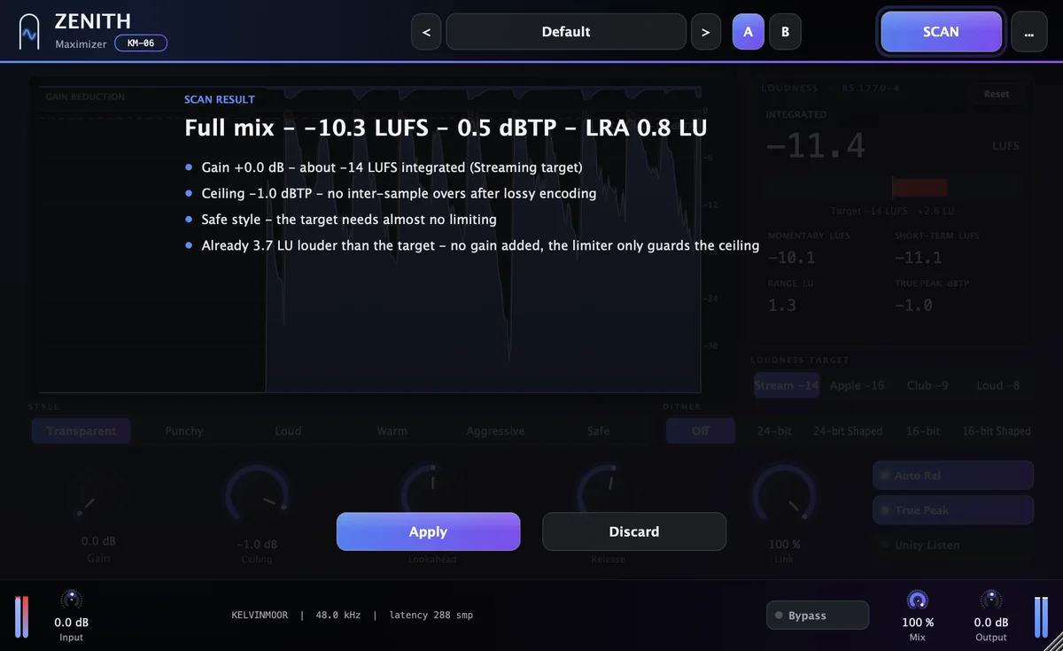ZENITH after SCAN: the result line and the settings it proposes, ready to apply.